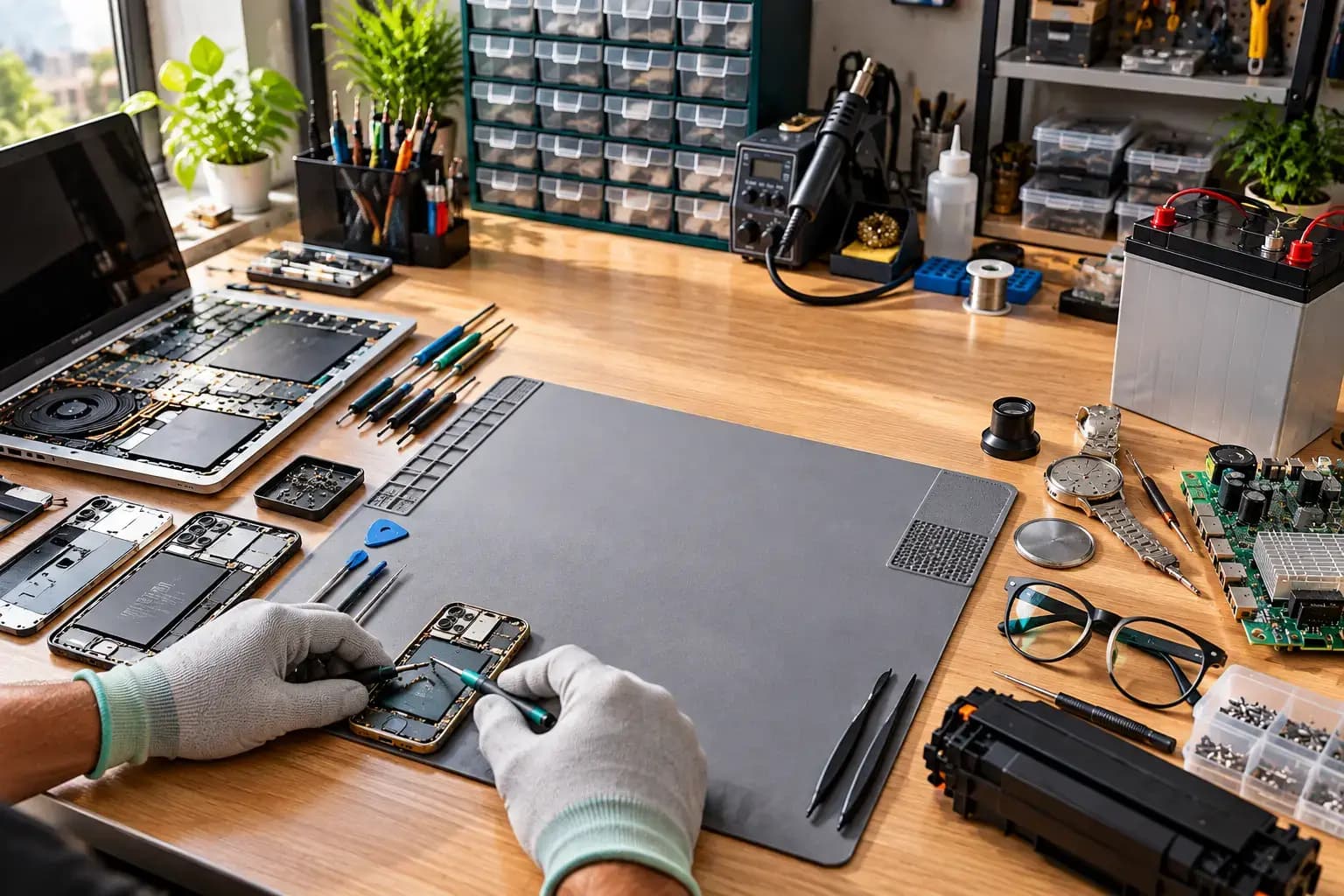 A repair counter with an opened phone and laptop, a wristwatch, spectacles, a TV circuit board, a printer toner and an inverter battery
