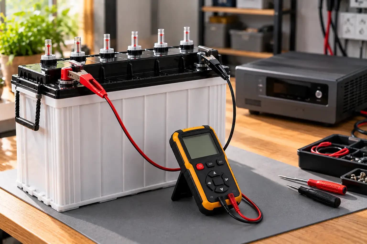 Tubular inverter battery with a digital battery tester clipped to its terminals, a home inverter behind it