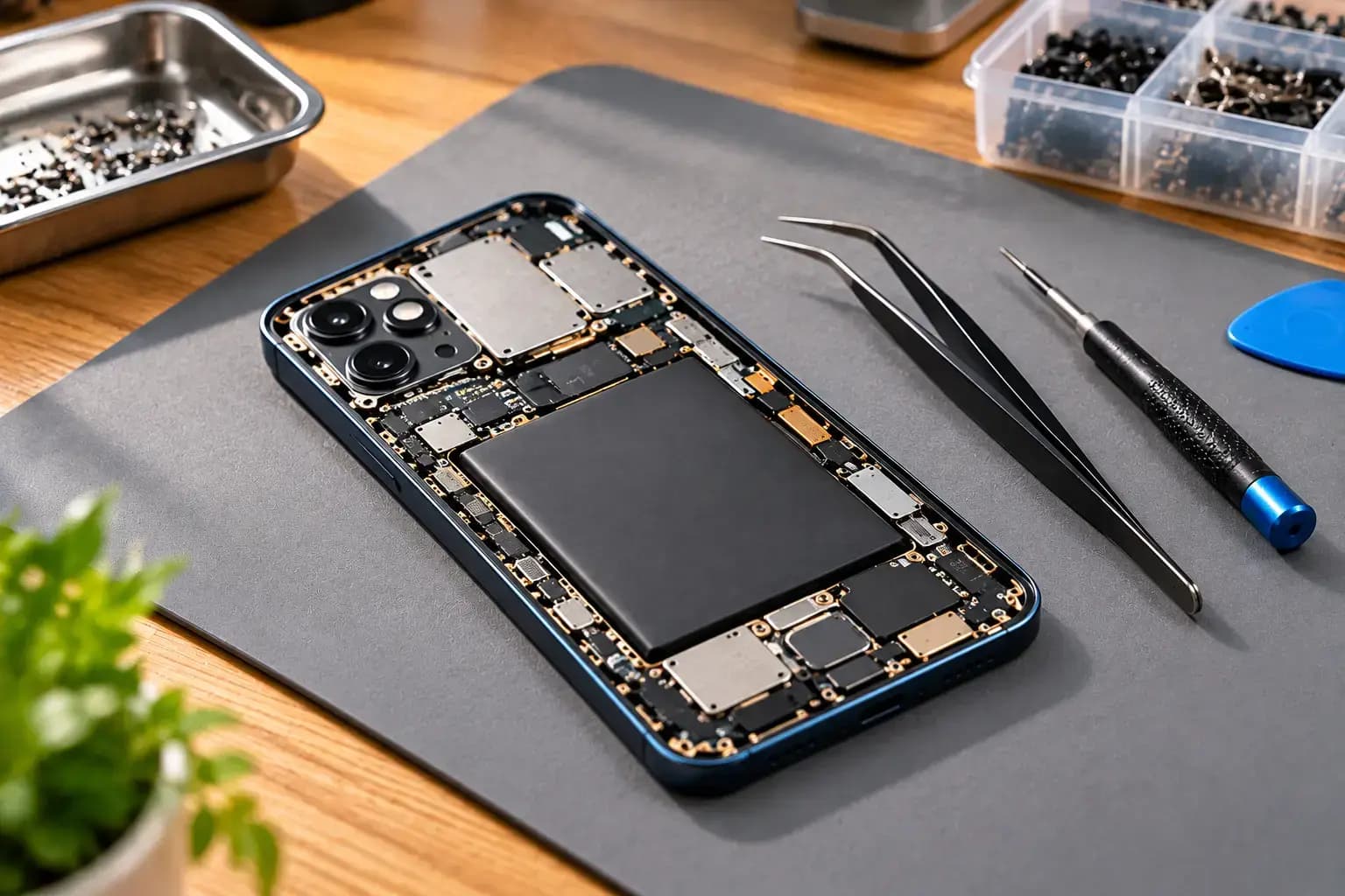 Smartphone with its back cover removed showing the circuit board, with tweezers and a screwdriver on a repair mat