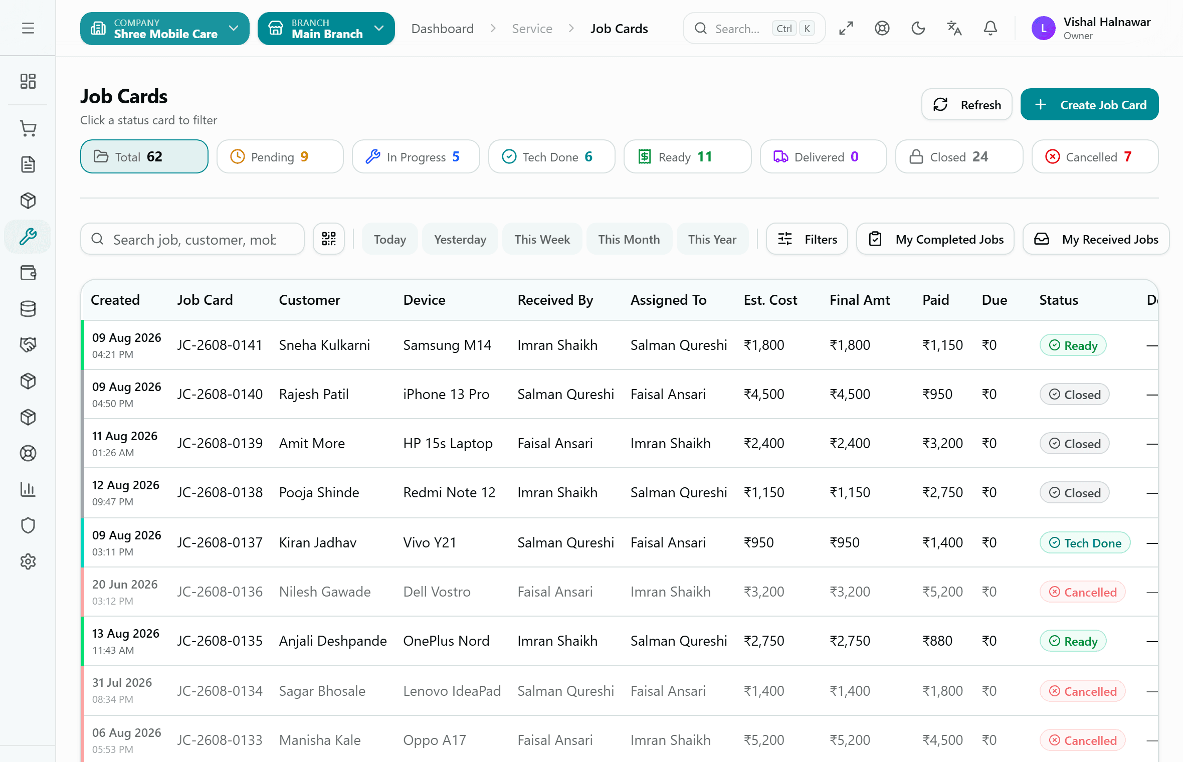 Kiwikit Job Cards Dashboard showing search by serial number, technician queues, and repair status