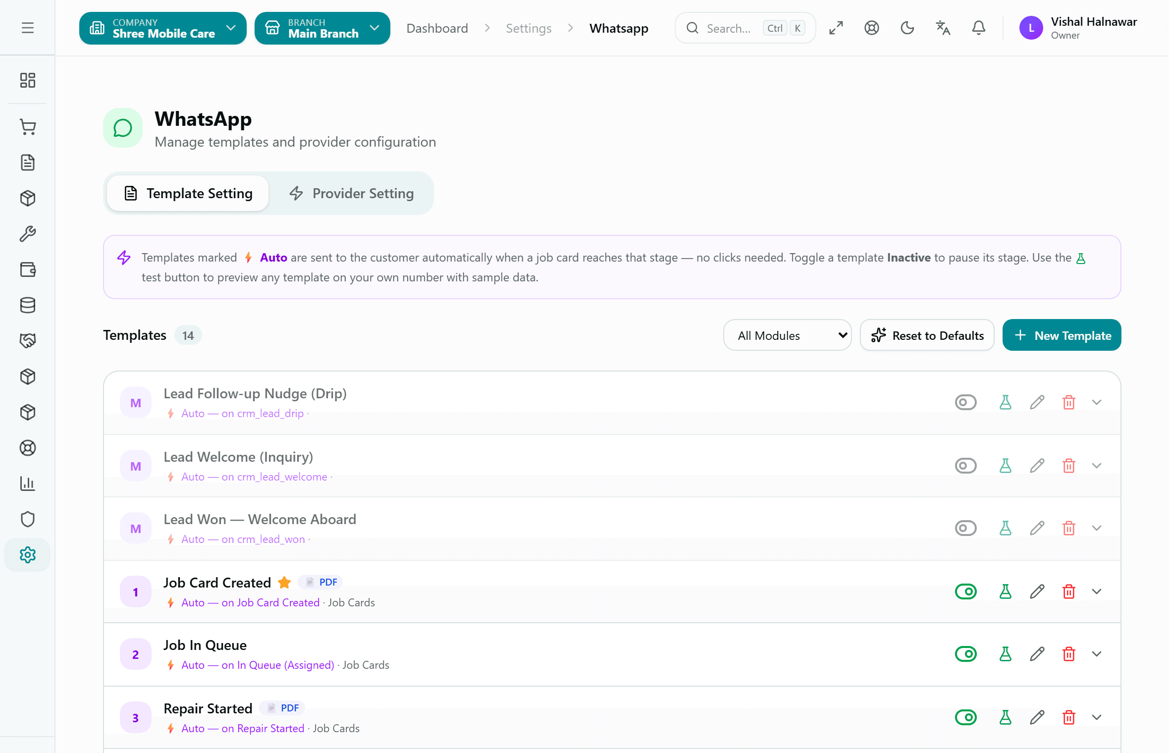 Kiwikit WhatsApp template settings listing automatic templates such as Job Card Created, Job In Queue and Repair Started, each firing on a job card stage